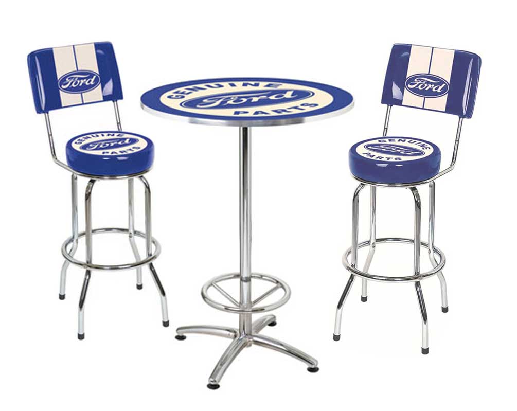 Ford Genuine Parts Bar Stool and Cafe Table Set. 2 Stools, Chrome Blue