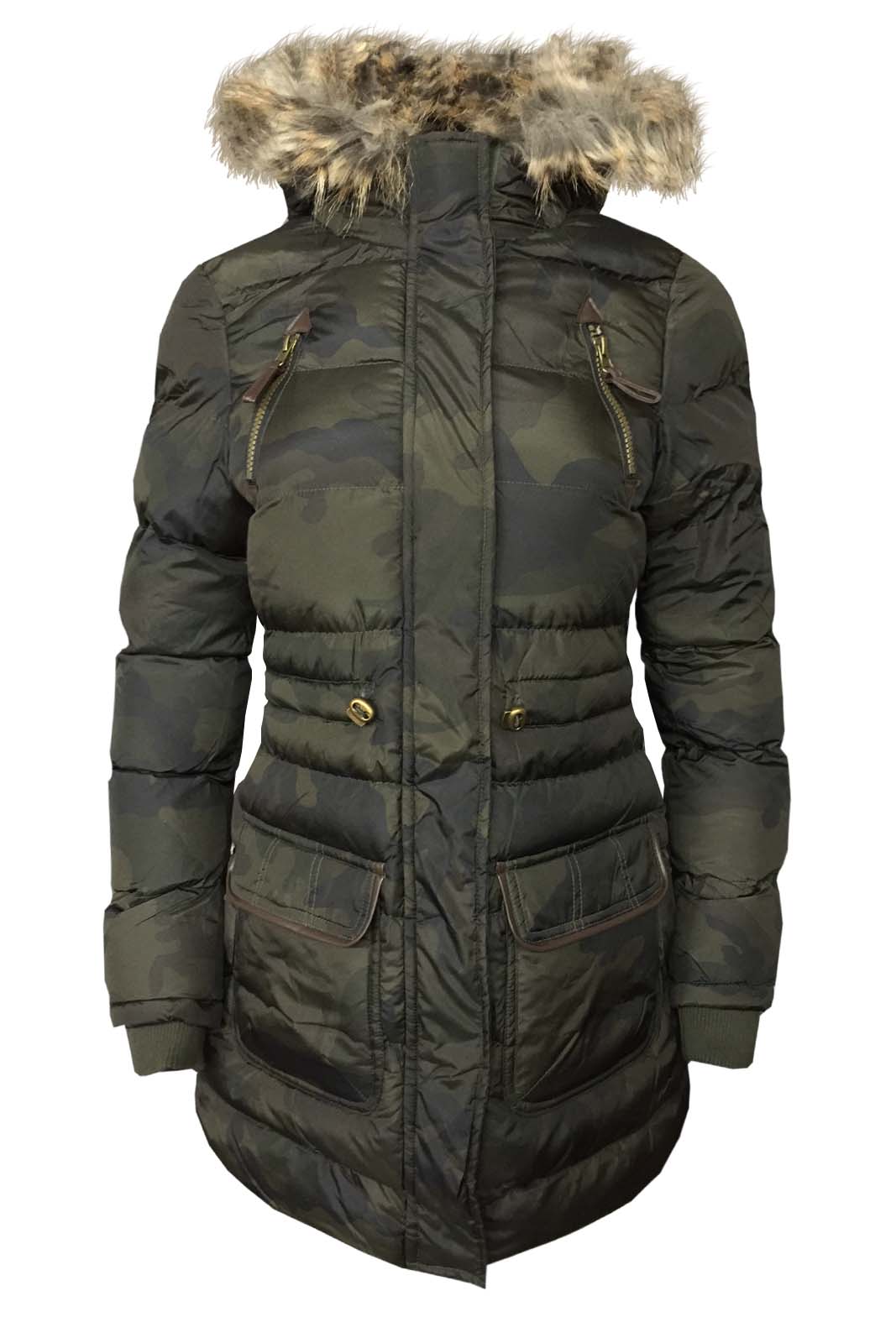 Ladies New Camouflage Fur Hooded Jacket Womens Warm Puffer Padded