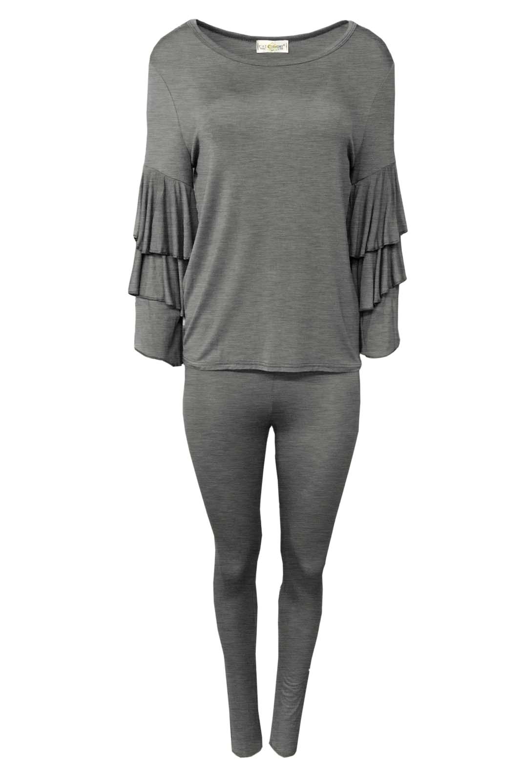 Catch One Womens Ladies Twin Set Frill Sleeve Lounge Wear 2 Piece Suit