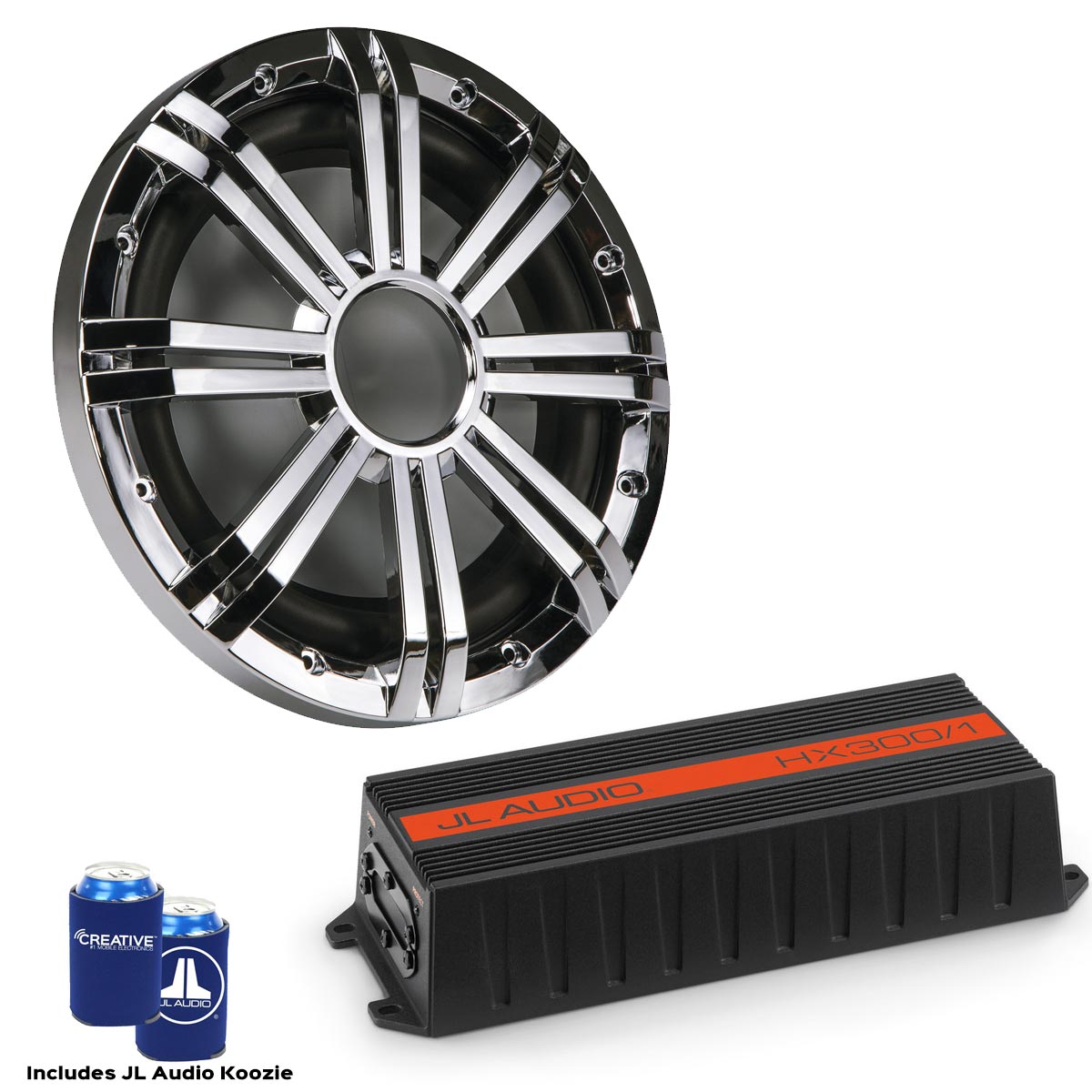 JL Audio HX300/1 Marine Sub Amp w/ Kicker KMW102 10" Chrome LED Marine