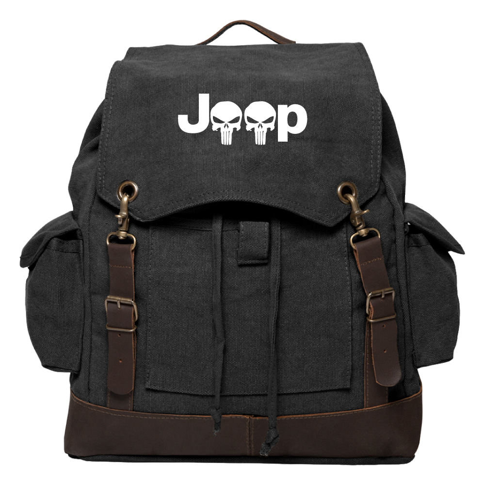 Jeep Wrangler Punisher Vintage Canvas Rucksack Backpack with Leather Straps