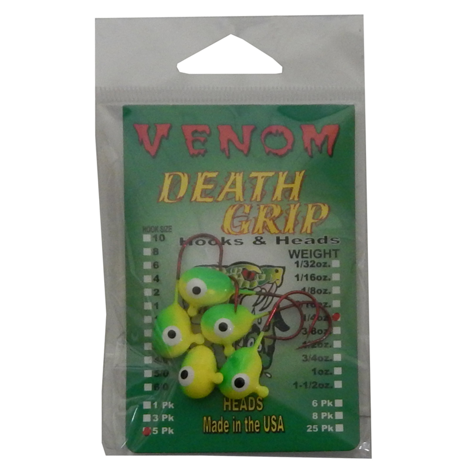 Venom Lures Floating Medium Jig Head 1/4 Ounce Chartreuse Lime Pack of 5, 7726