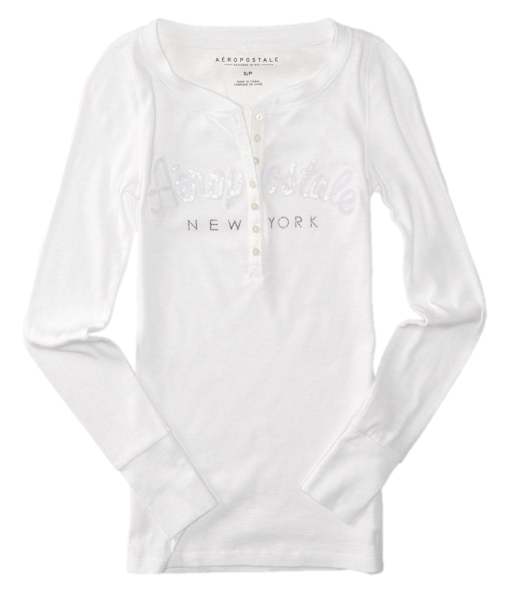 AEROPOSTALE WOMENS LONG SLEEVE HENLEY TSHIRT BUTTONS SEQUIN BLING LOGO