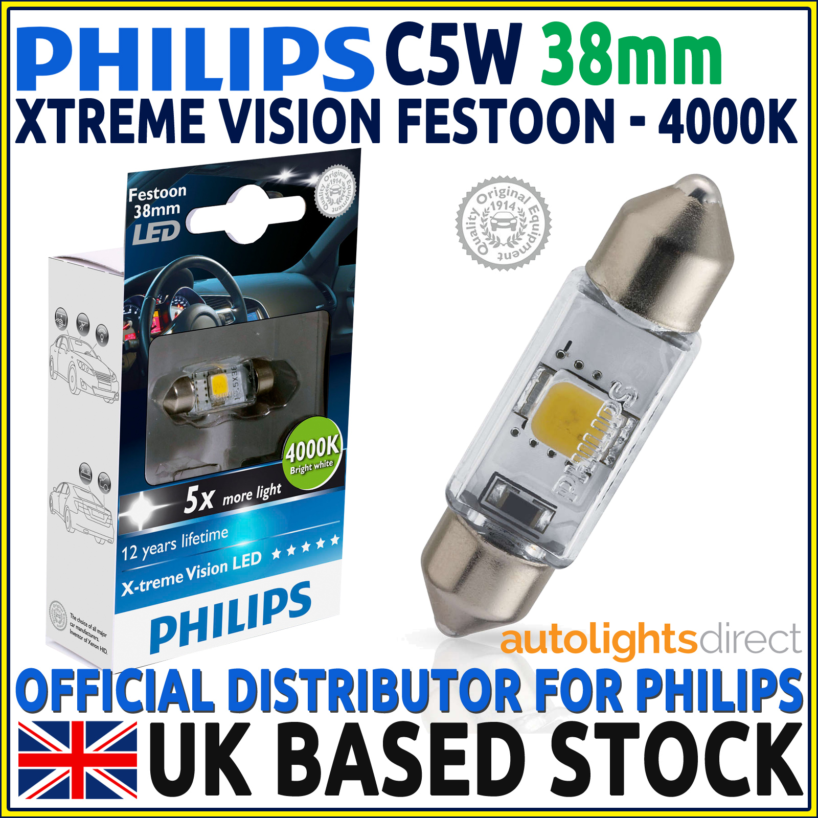 GENUINE PHILIPS XTREME Vision Festoon Led C5W 4000K 38Mm Car Bulb (Single) £9.95 PicClick UK