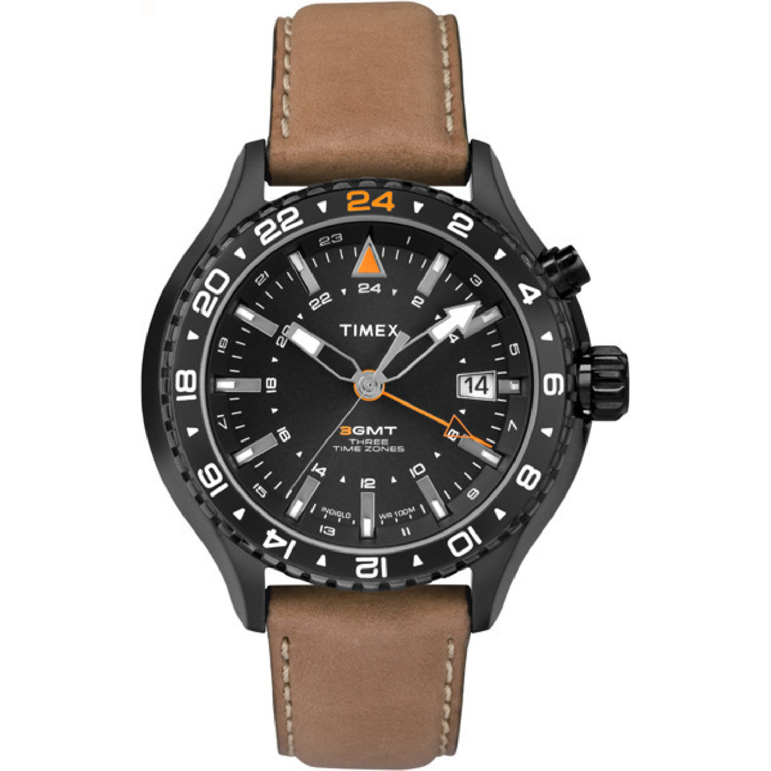 Timex Men's Intelligent Quartz 3 Time Zones Leather Strap Indiglo