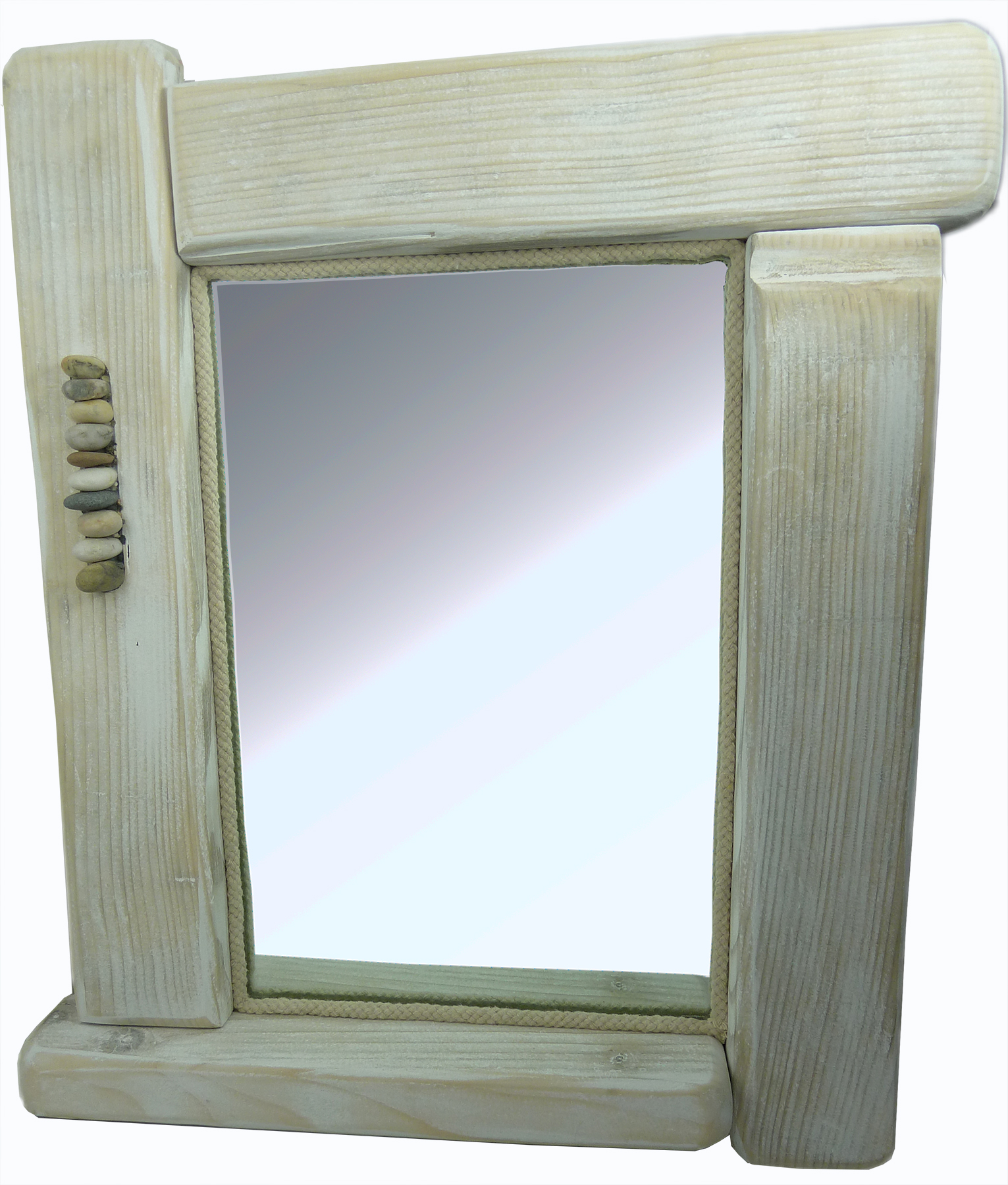 Driftwood Mirror, white with pebble detail, approx 47x41cm, made in