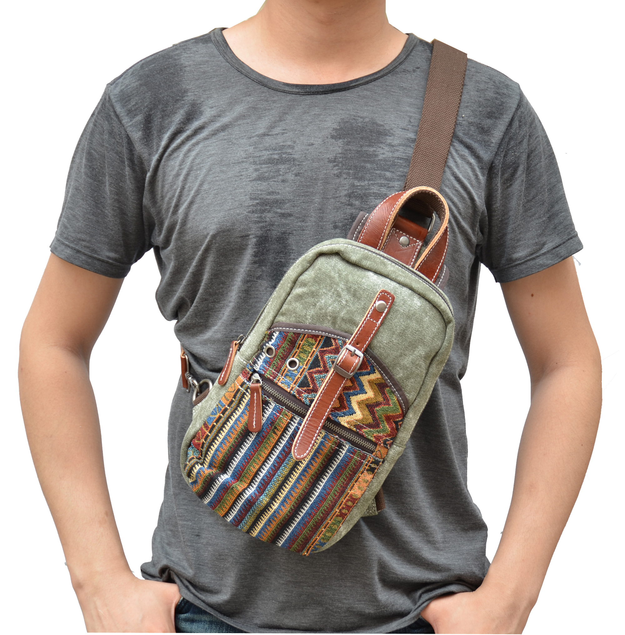 Gootium Canvas Genuine Leather Cross Body Chest Pack Sling Bag Fit iPad