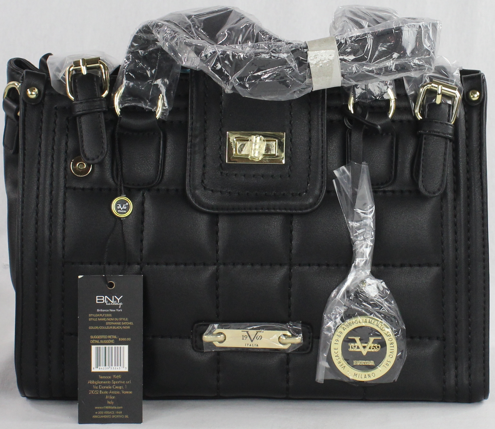 New Authentic Versace Purse Italia PLF1501 Sophie Quilted Satchel Black