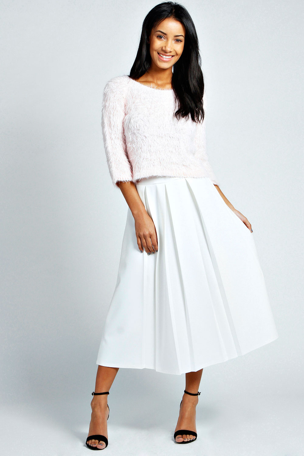 Boohoo Womens Ladies Bea Box Pleat Midi Length Scuba Skater Skirt eBay