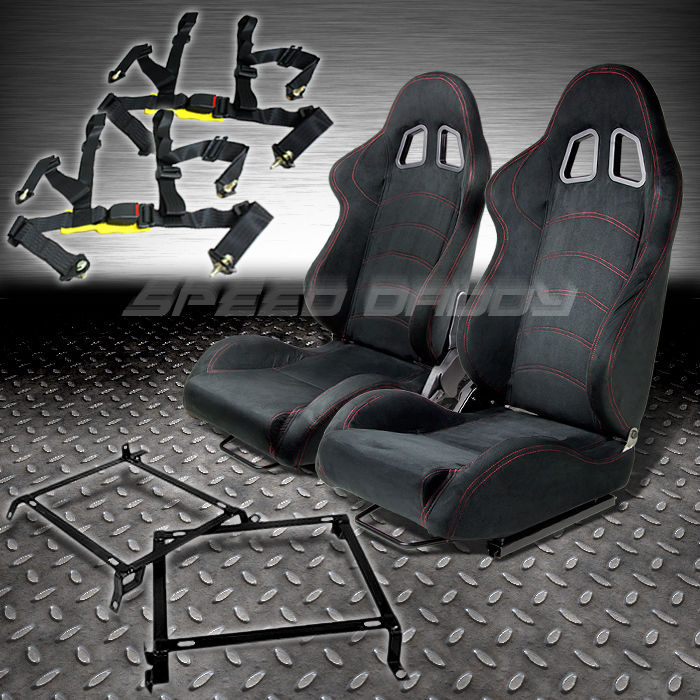 PAIR TYPE1 BLACK SUEDE RACING SEAT/SEATS+SLIDER+BRACKET+4PT BELT 8891