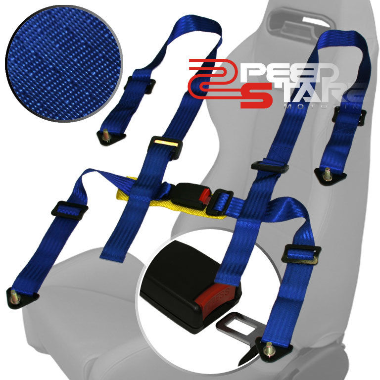 2" STRAP 4 POINT BUCKLE HARNESS BAR ADJUSTABLE BLUE RACING SEAT BELT