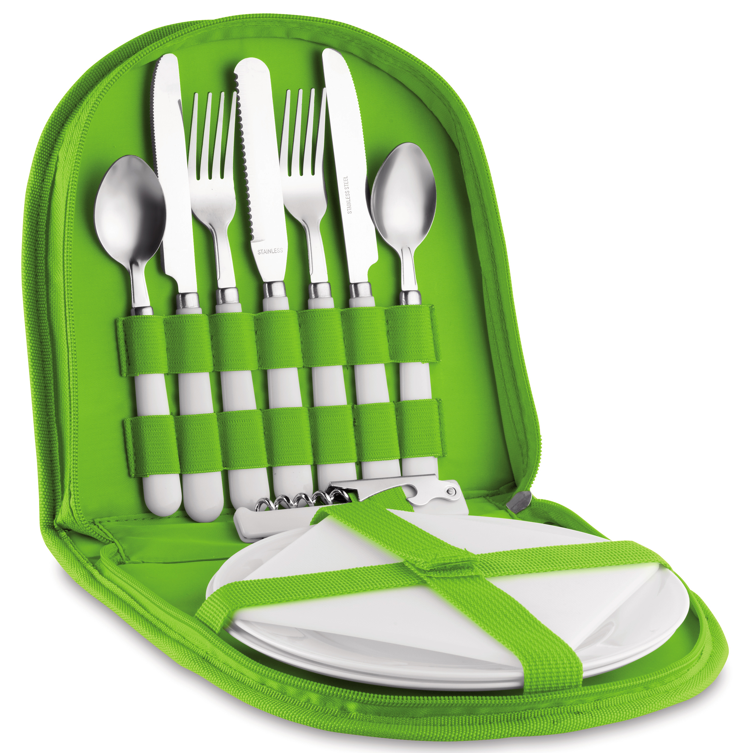Picnic set for 2 in colourful polyester case 2 x Knives, Forks, Spoons
