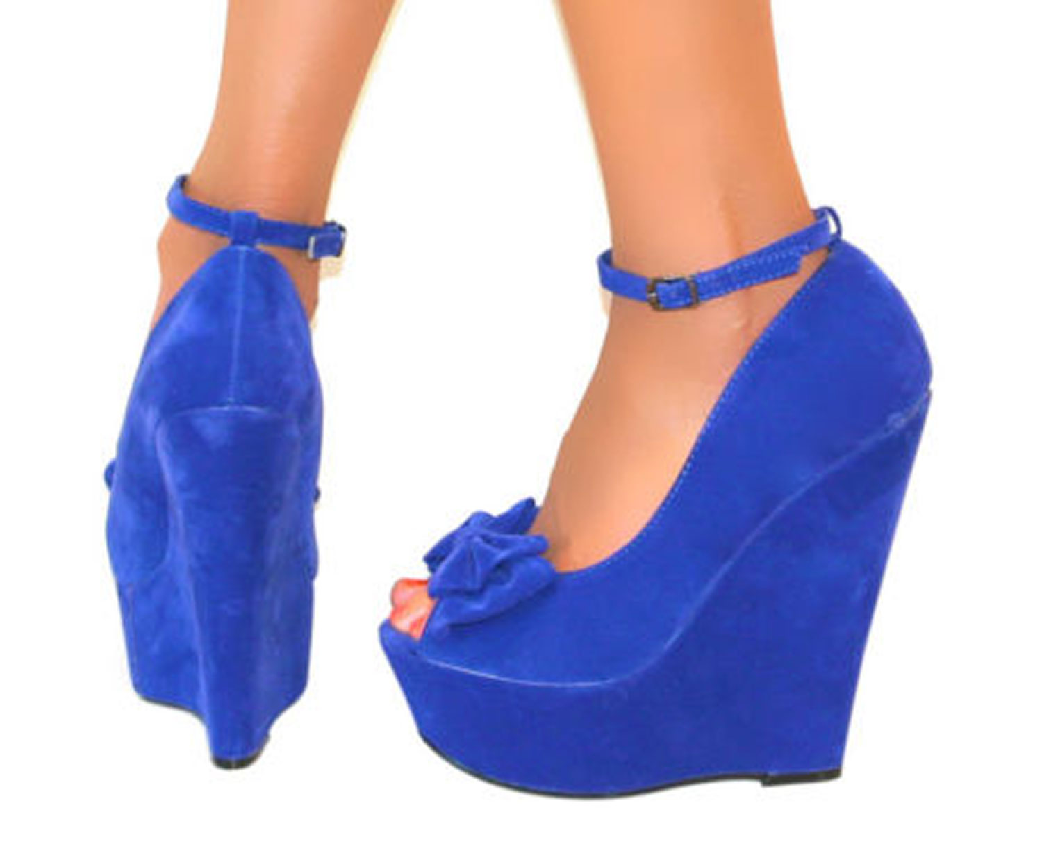 Ladies High Heel Platform Womens Peep Toe Bow Ankle Strap Wedge Shoes