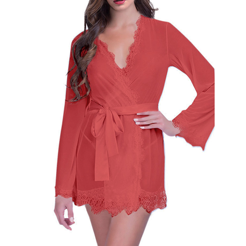 Womens Sheer Lace Robe Sexy Lingerie Sleepshirt Bathrobe Sleepwear