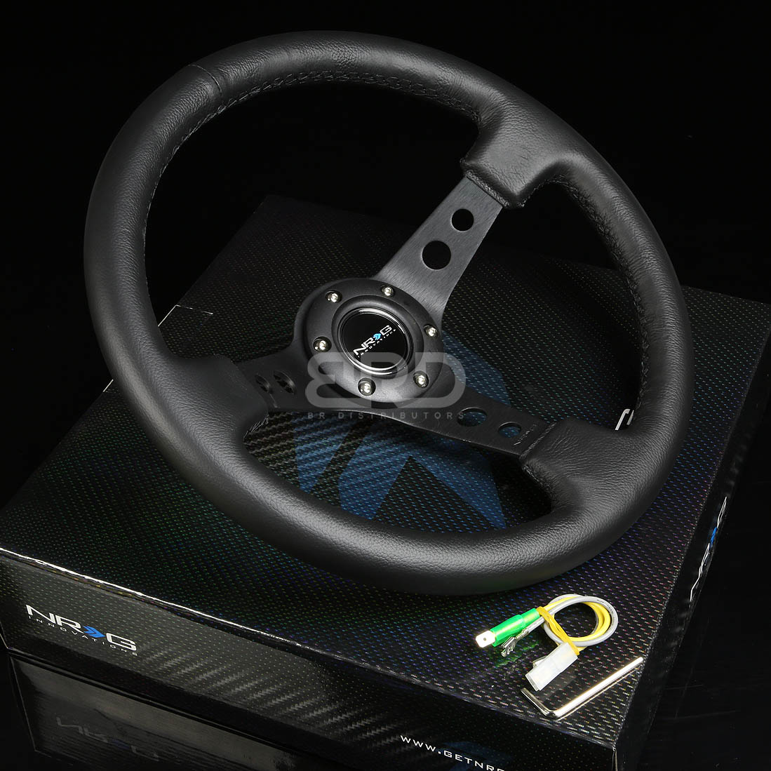 NRG 350MM 3"DEEP DISH 6HOLE BOLTS RACING STEERING WHEEL BLACK LEATHER 3 SPOKES eBay