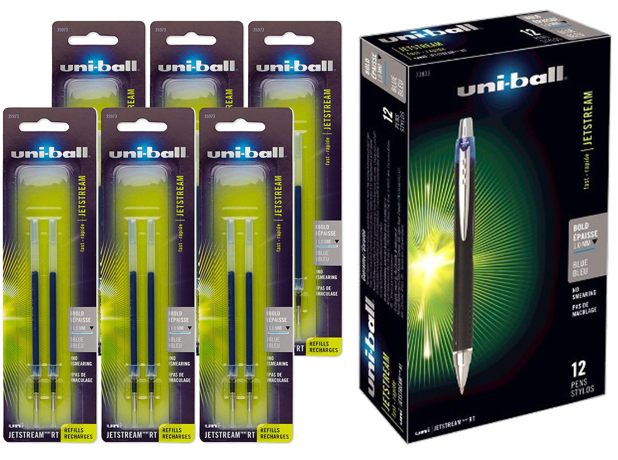 Uniball Jetstream Retractable Roller Ball 12 Pens & 12 Refills, Blue