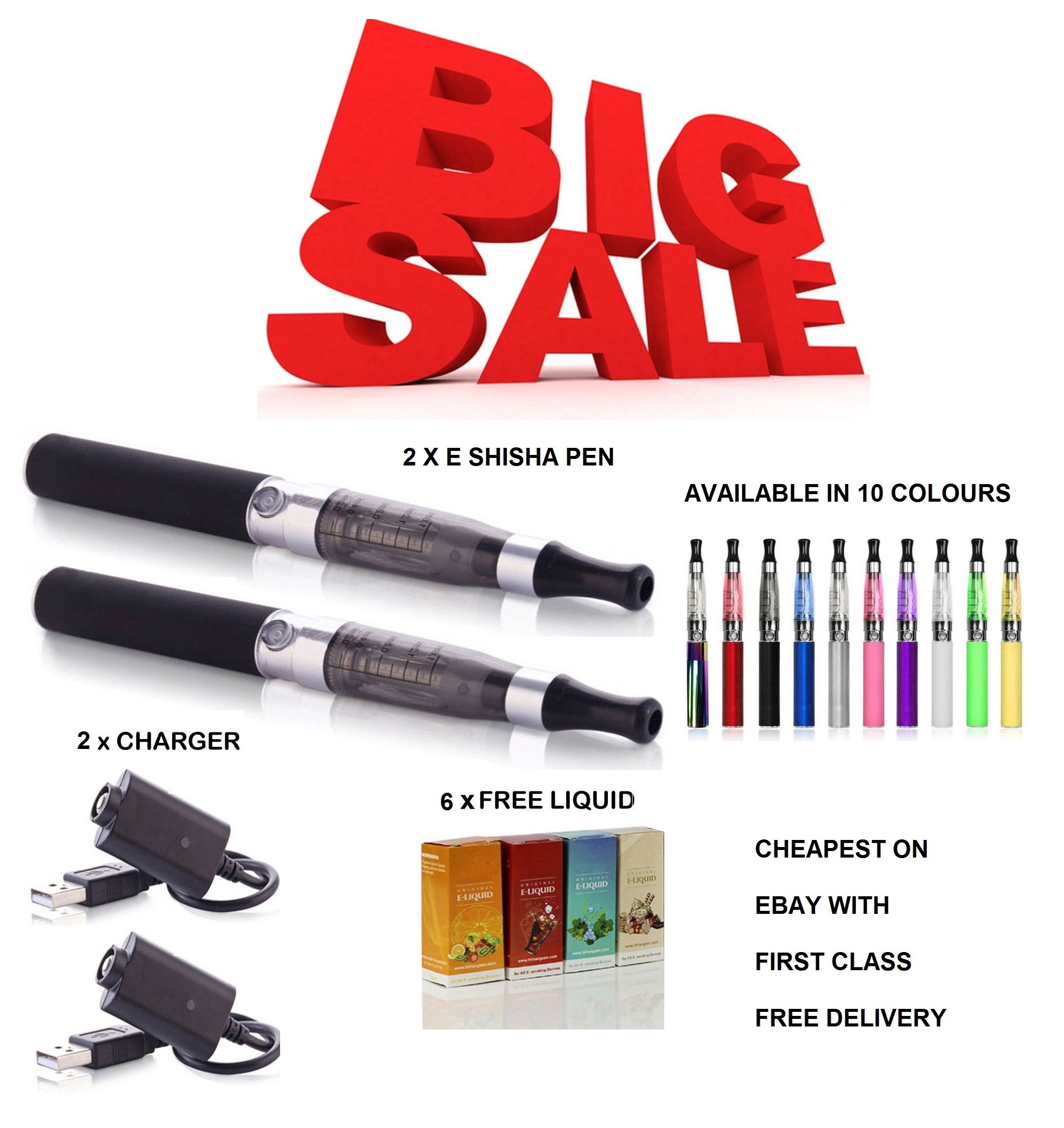 2 x ELECTRONIC SHISHA RECHARGEABLE VAPOR E PEN WITH 6 FREE LIQUIDS eBay