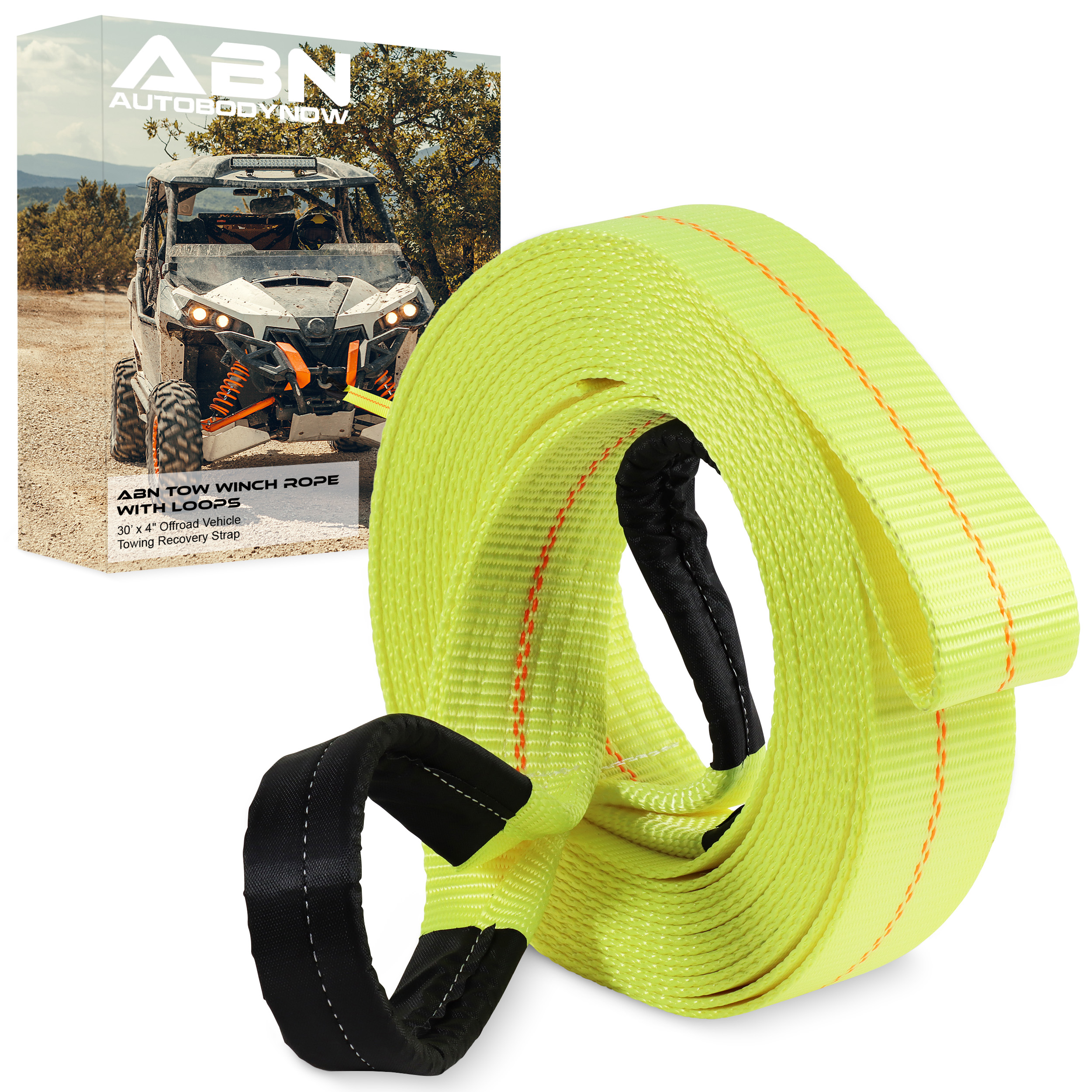 ABN Tow Rope Strap 30 Feet' x 4" Inch, 20,000 Pound Heavy Duty Towing