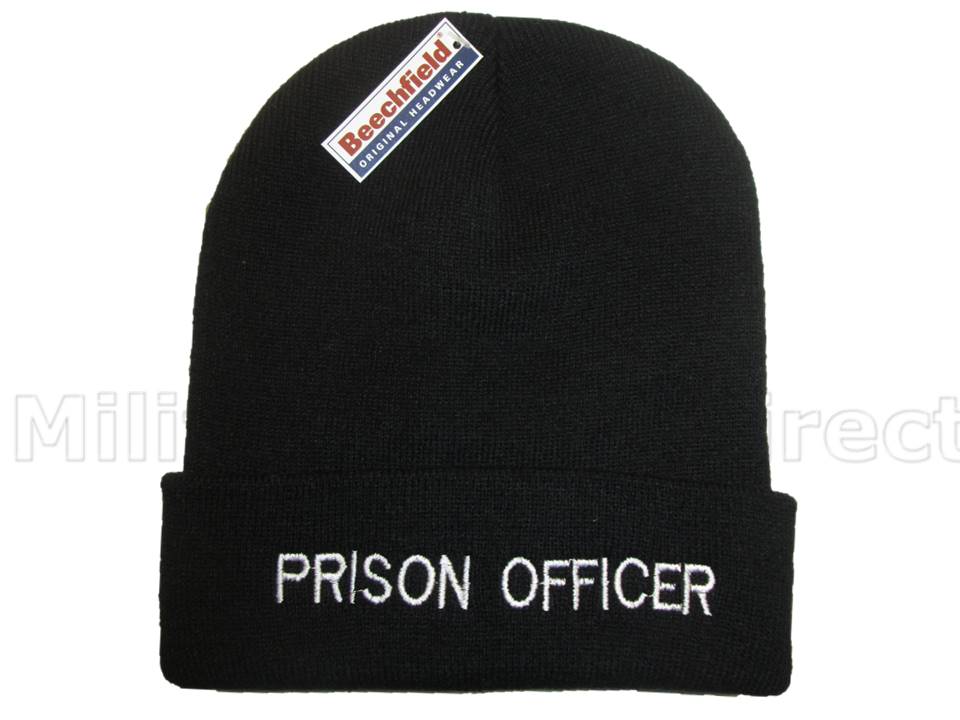 Black PRISON OFFICER Beanie / Woolly Hat for Guard, Officer, Jail