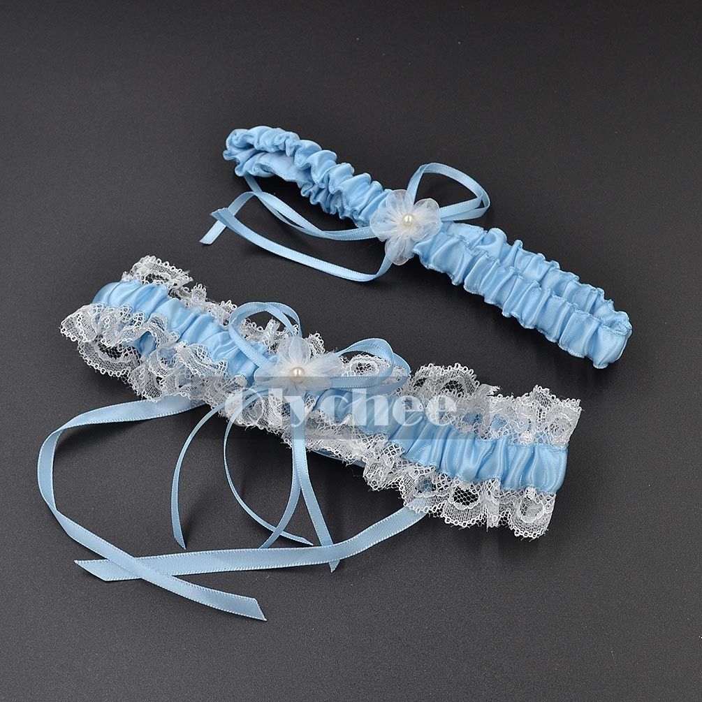 Women Satin Lace Garter Belt Set Pearls Floral Bowknot Pearl Wedding