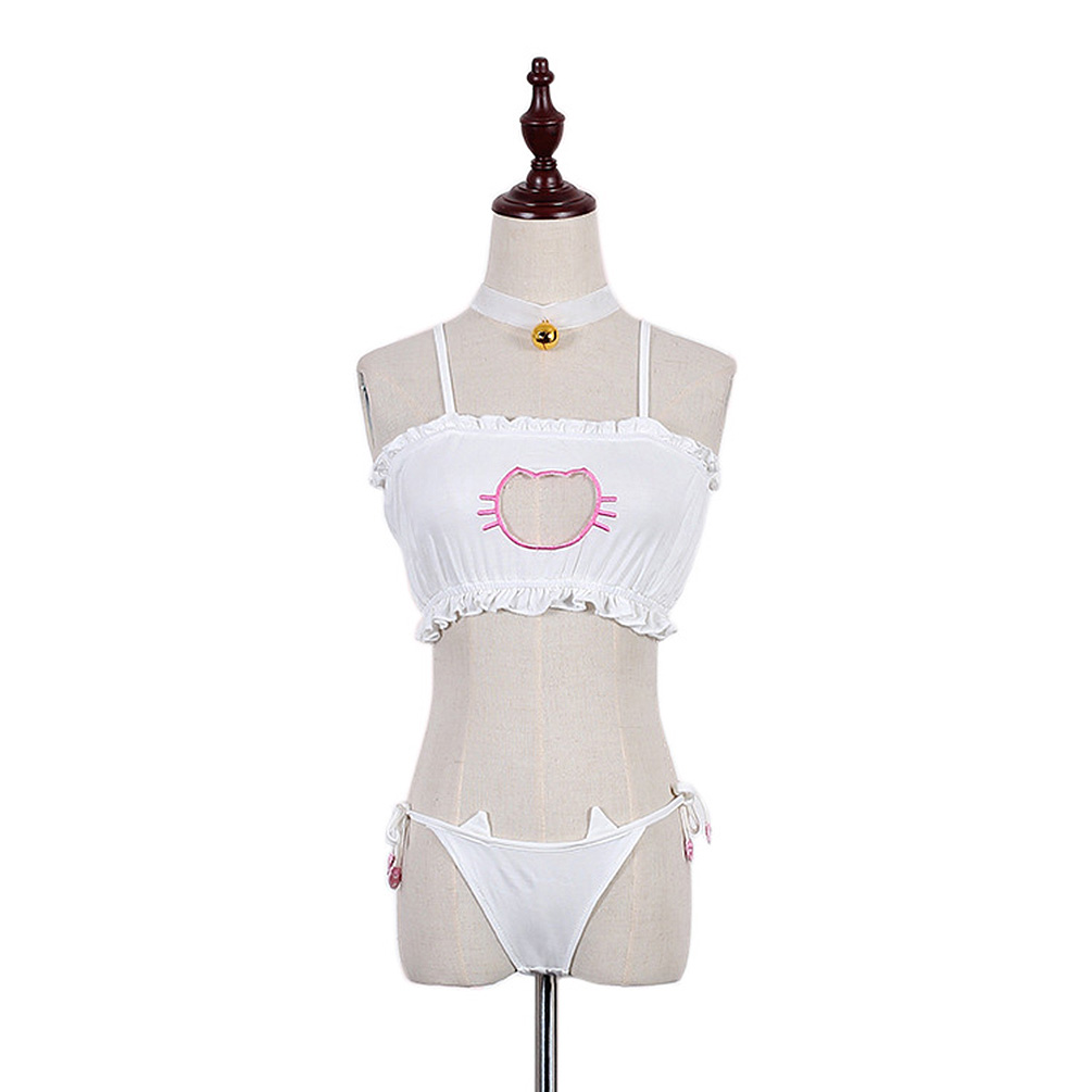 Cosplay Neko Cat Keyhole Bra Briefs Bell Choker Collar Set Lingerie Underwear - Foto 10 di 26