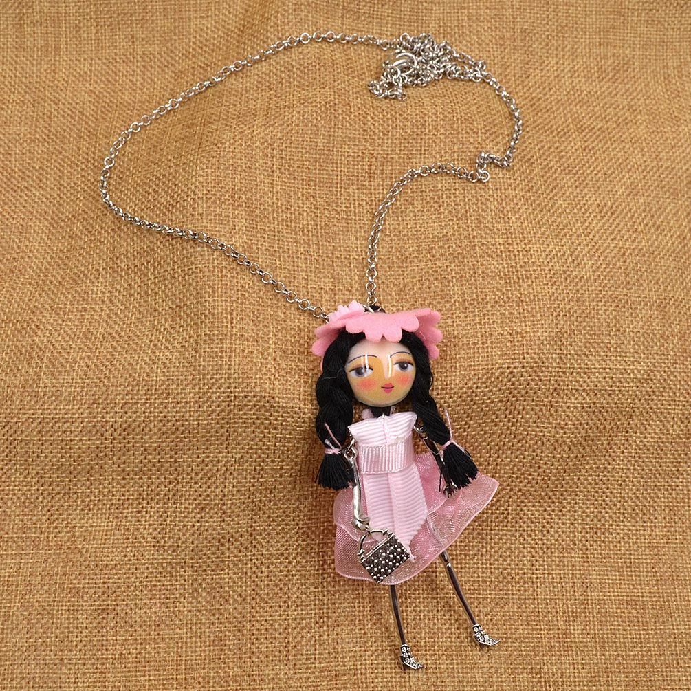 Fashion Little Girl Doll Charm Pendant Necklace Chiffon Lace Long Chain