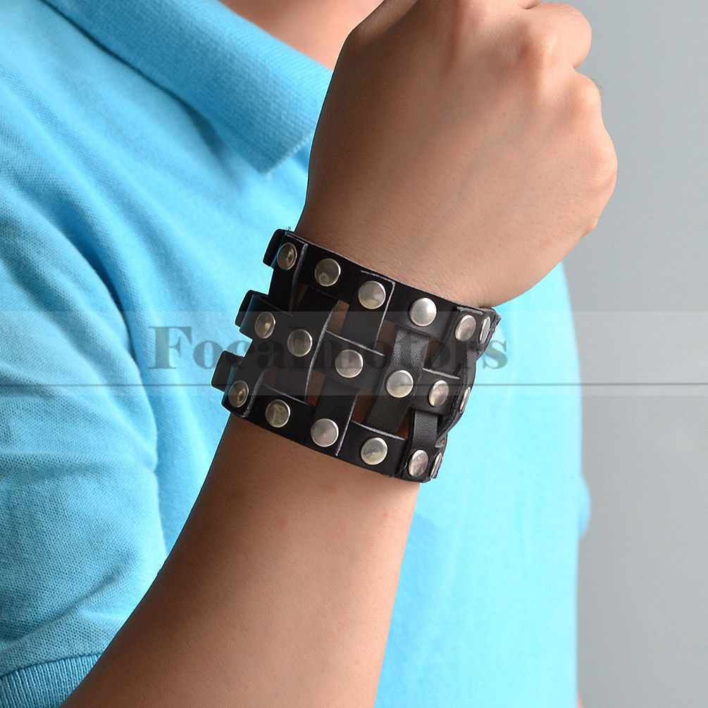 Punk Men Women Wide Leather Belt Bracelet Cuff Wristband Bangle Black