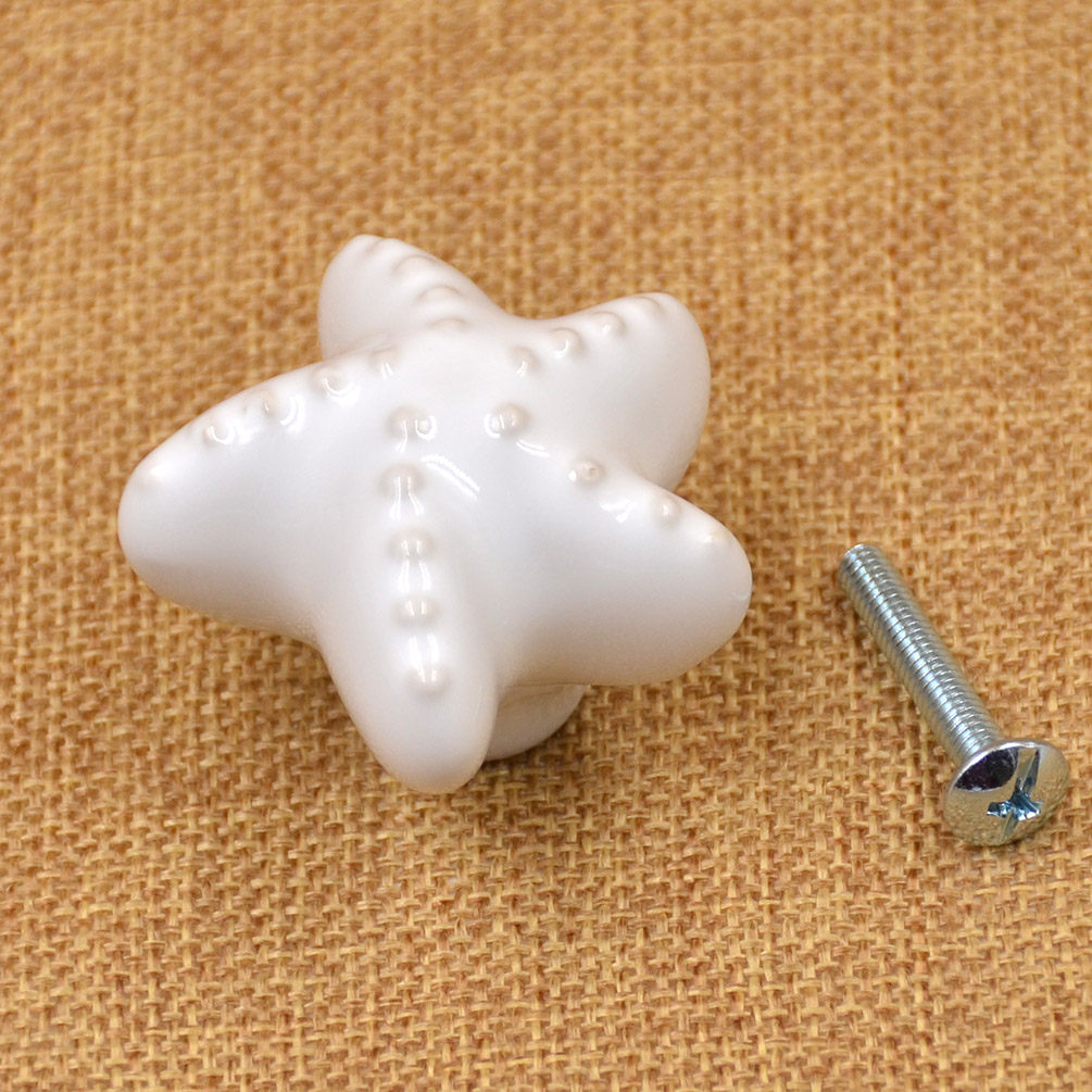 1pc Ceramic Starfish Door Knob Drawer Handle Pull White Blue
