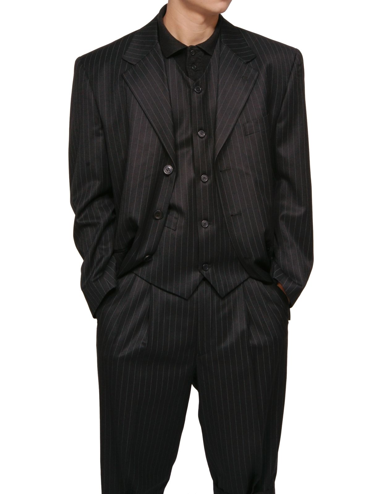 MensBlackGangsterPinstripevestDressSuit44SShort44SNewSuper120s