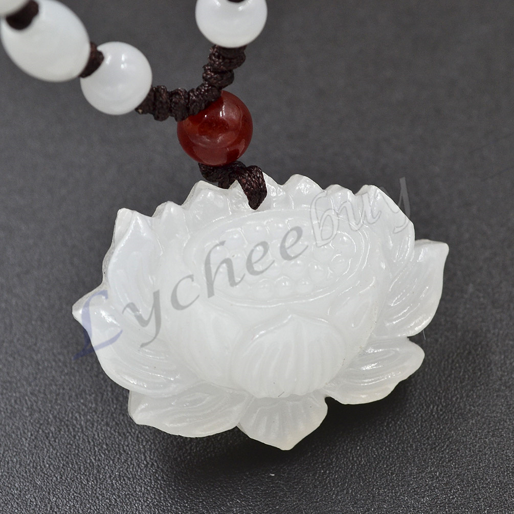 1 Pc New Traditional Carved White Jade Lotus Flower Pendant Necklace