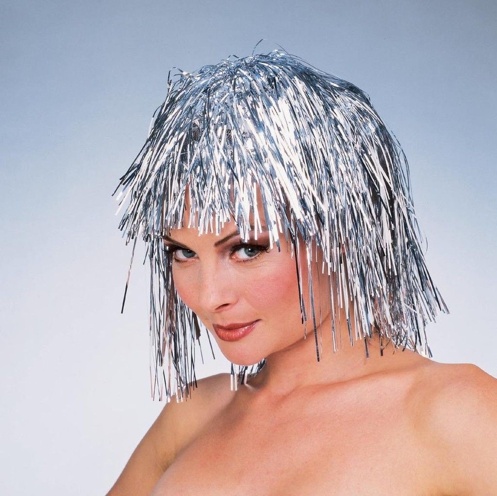 Adult Womens Tinsel Hair Short Disco Rock 80's Wig Mardi Gras Costume