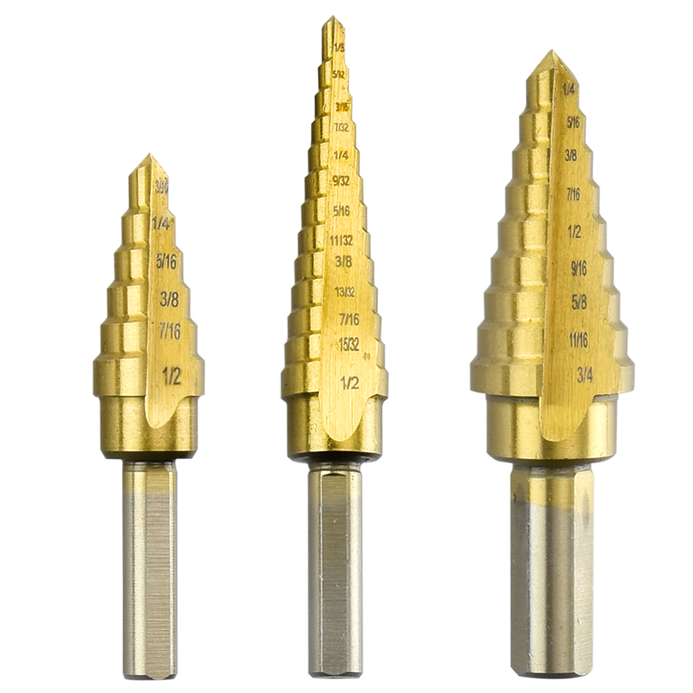 Titanium Step Drill Bits 3pc SAE Unibit Set 28 Reamer Bits 1/8" to 3/