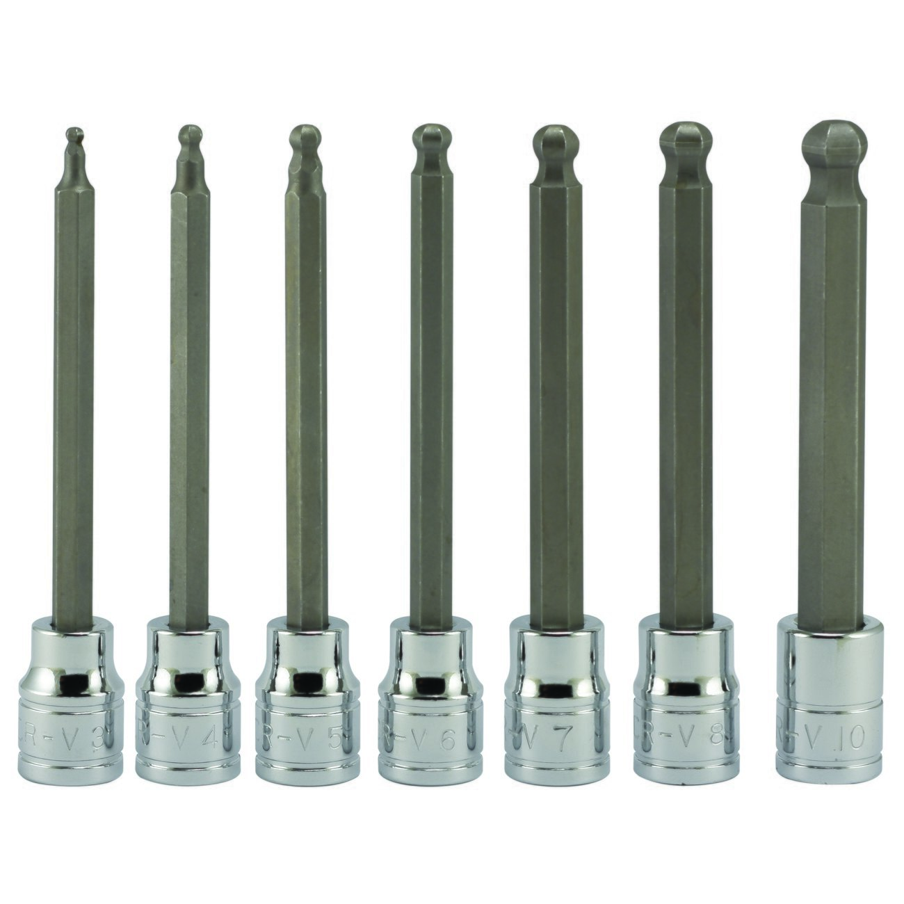 Hex Ball Point End Socket Bit Set 7pc 3 8" Dr Extra Long 4 3" Allen