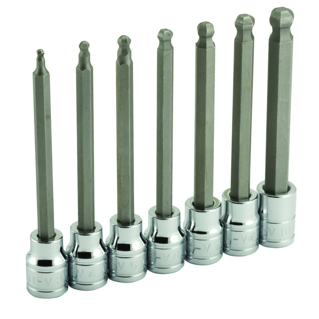 Hex Ball Point End Socket Bit Set 7pc 3 8" Dr Extra Long 4 3" Allen
