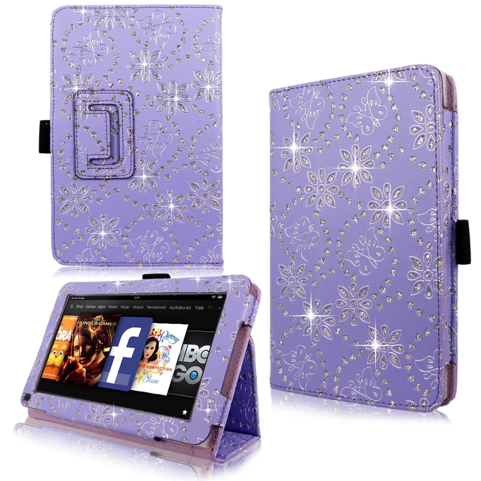 Bling Diamond Sparkly Pu Leather Flip Case Cover For Amazon Kindle Fire