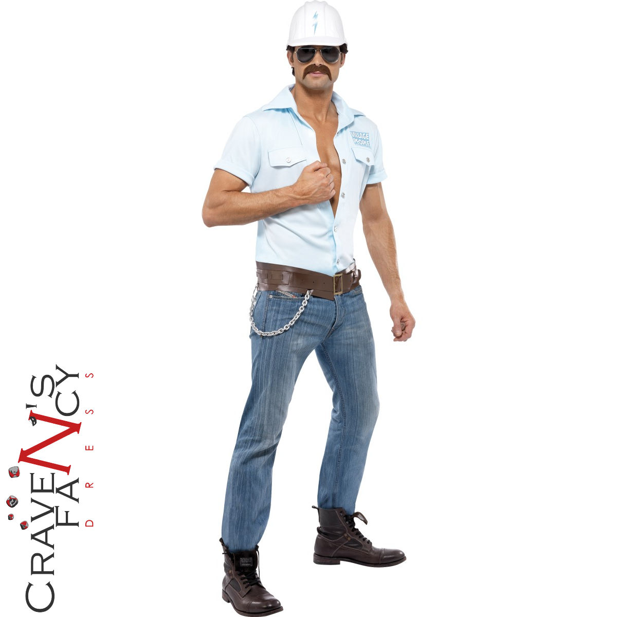 Adult Village People Construction Worker Costume Mens YMCA 1970s Fancy