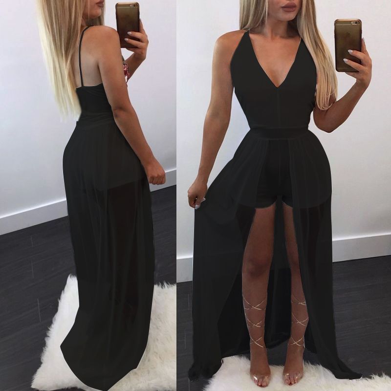 Women Elegant Solid Short Jumpsuit Sheer Dress Overlay Romper Playsuit