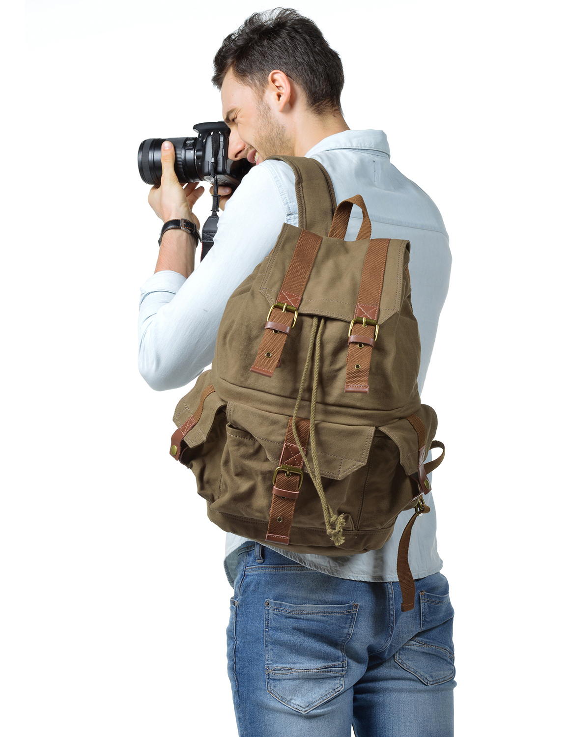 Kattee Military Canvas DSLR Camera Backpack Bag Waterproof for Sony