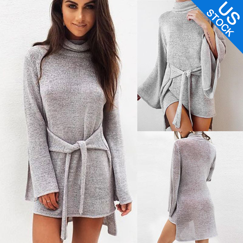 Women Autumn Winter Casual Long Sleeve Asymmetrical hem Party Sweater Mini Dress | eBay