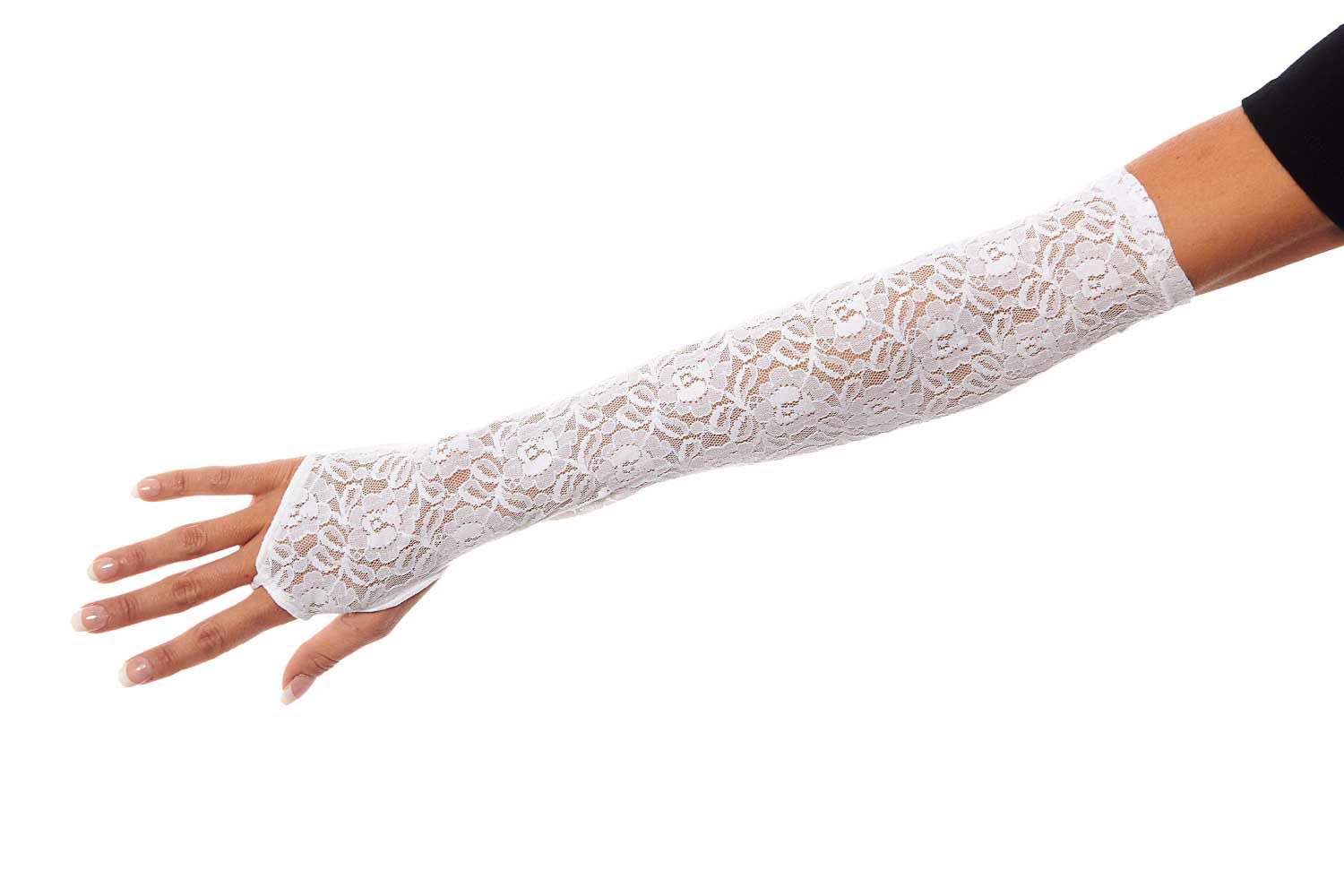 Opera Length Dyeable White Fingerless Glove with Stretch Lace