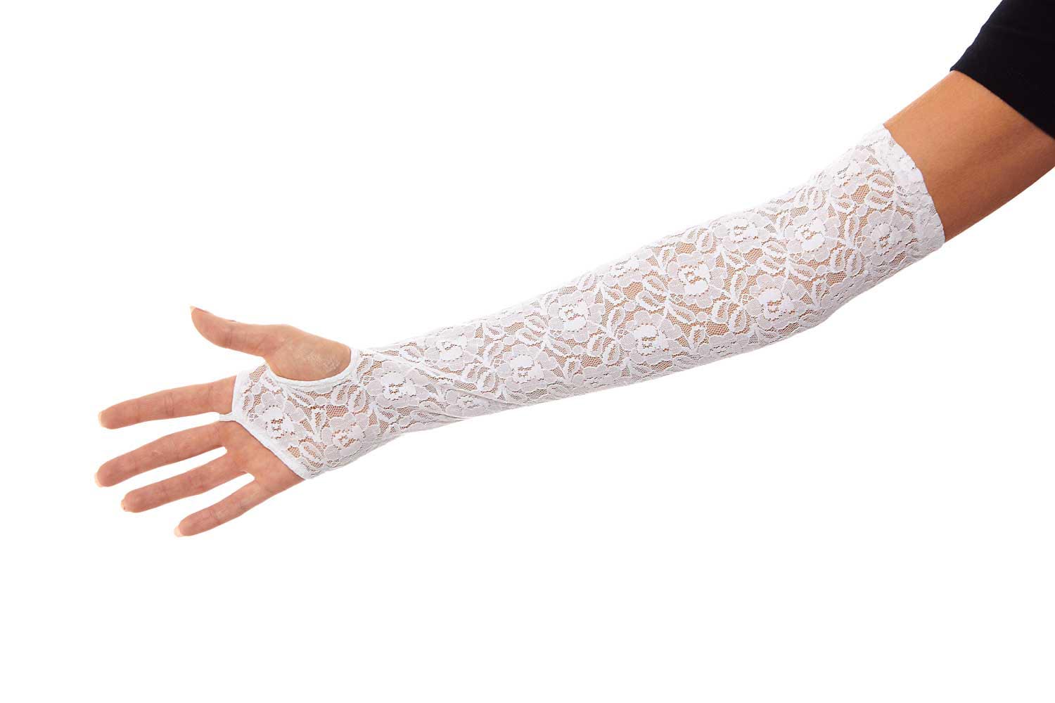 Opera Length Dyeable White Fingerless Glove with Stretch Lace