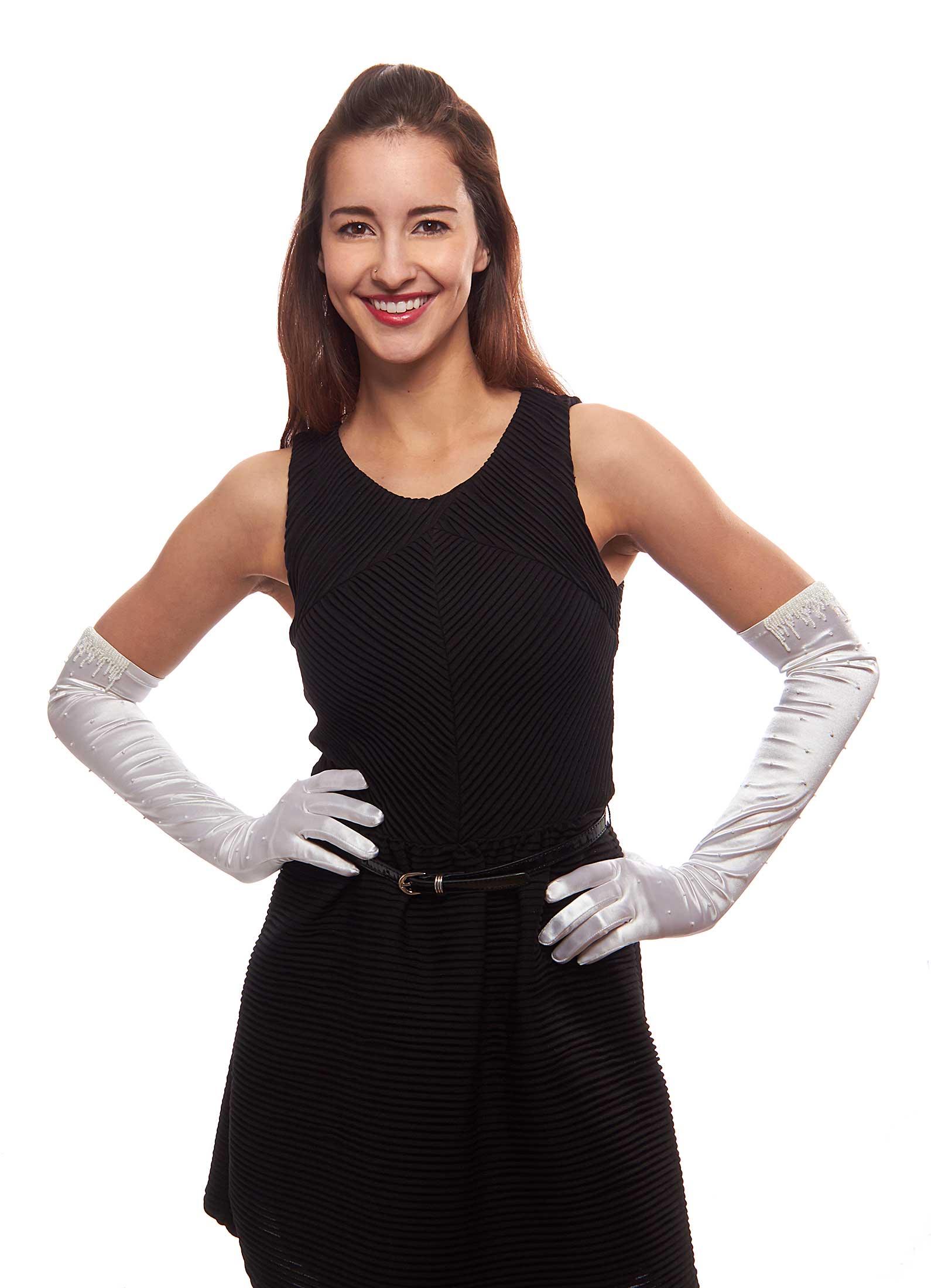 White Shiny Satin Gloves, 14Button Length, AllOver Beads at the Cuff