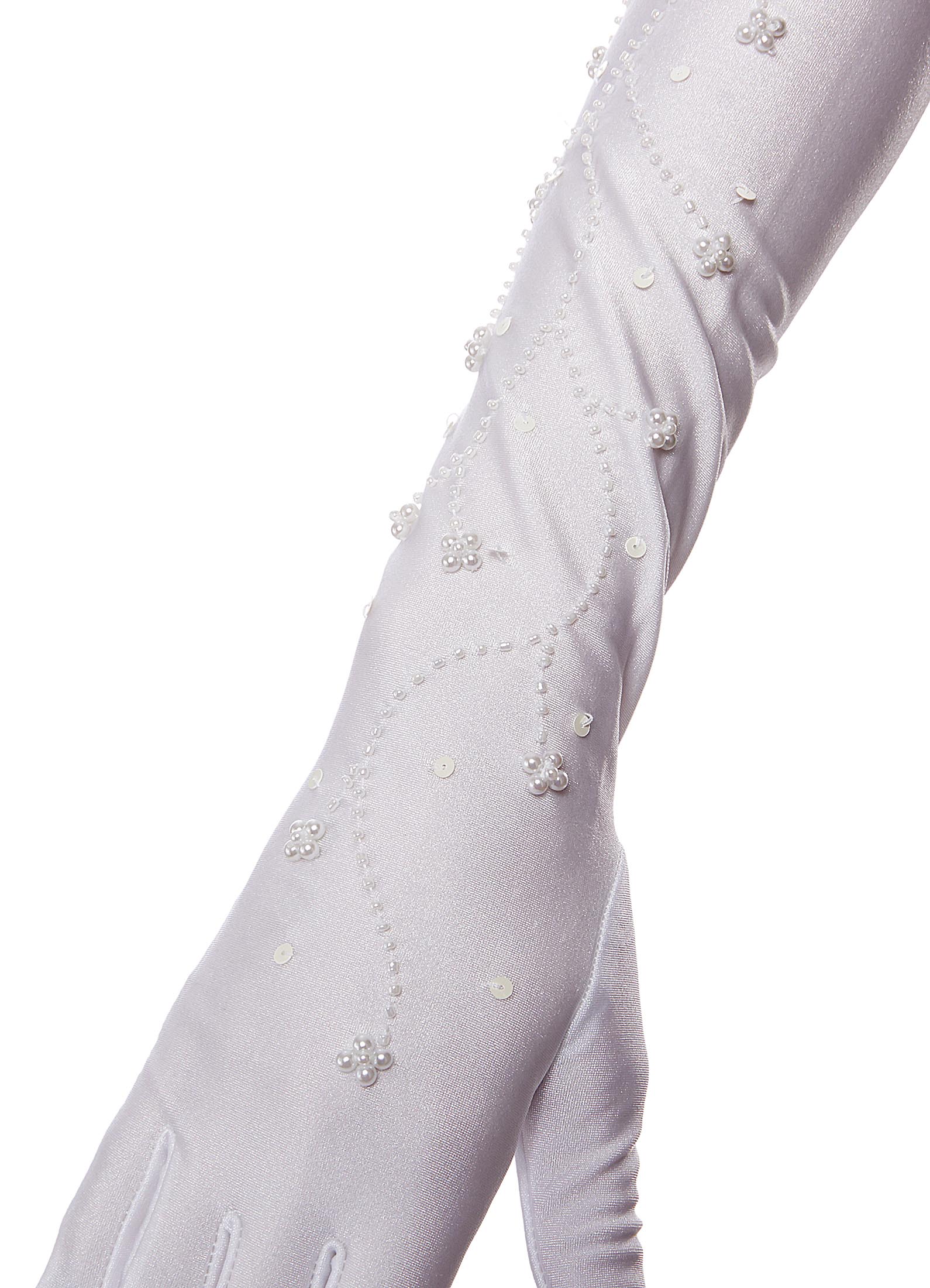 Mirror Mirror Satin Opera Length Gloves with Beads and Sequins