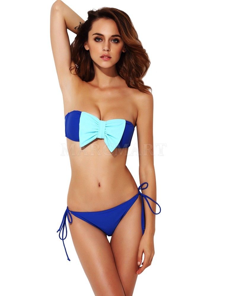 Cute Bow Tie Color Block Bikini Set Swimsuit with Removable Pads