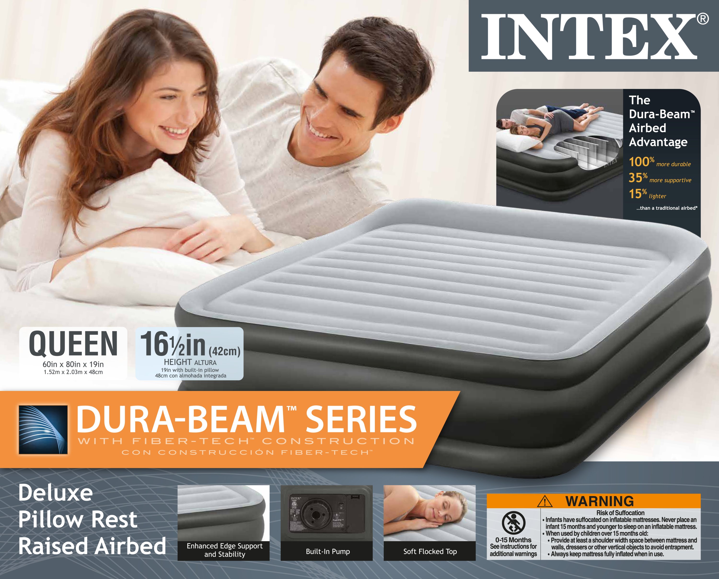 Intex Queen Deluxe Pillow Rest FiberTech Raised Air Bed Mattress w