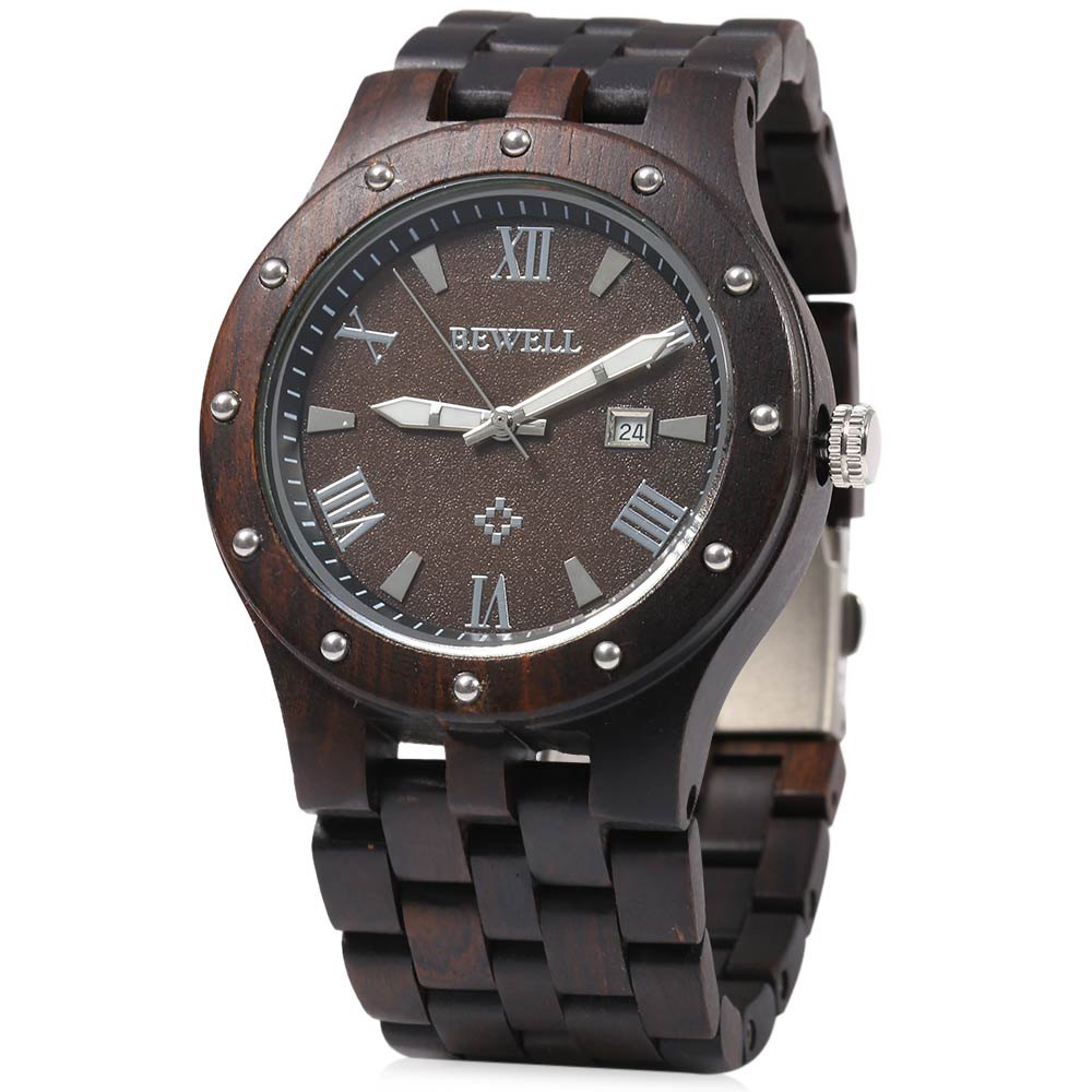 Bewell ZS - W109A Men Quartz Watch Round Dial Wooden Band Analog ...