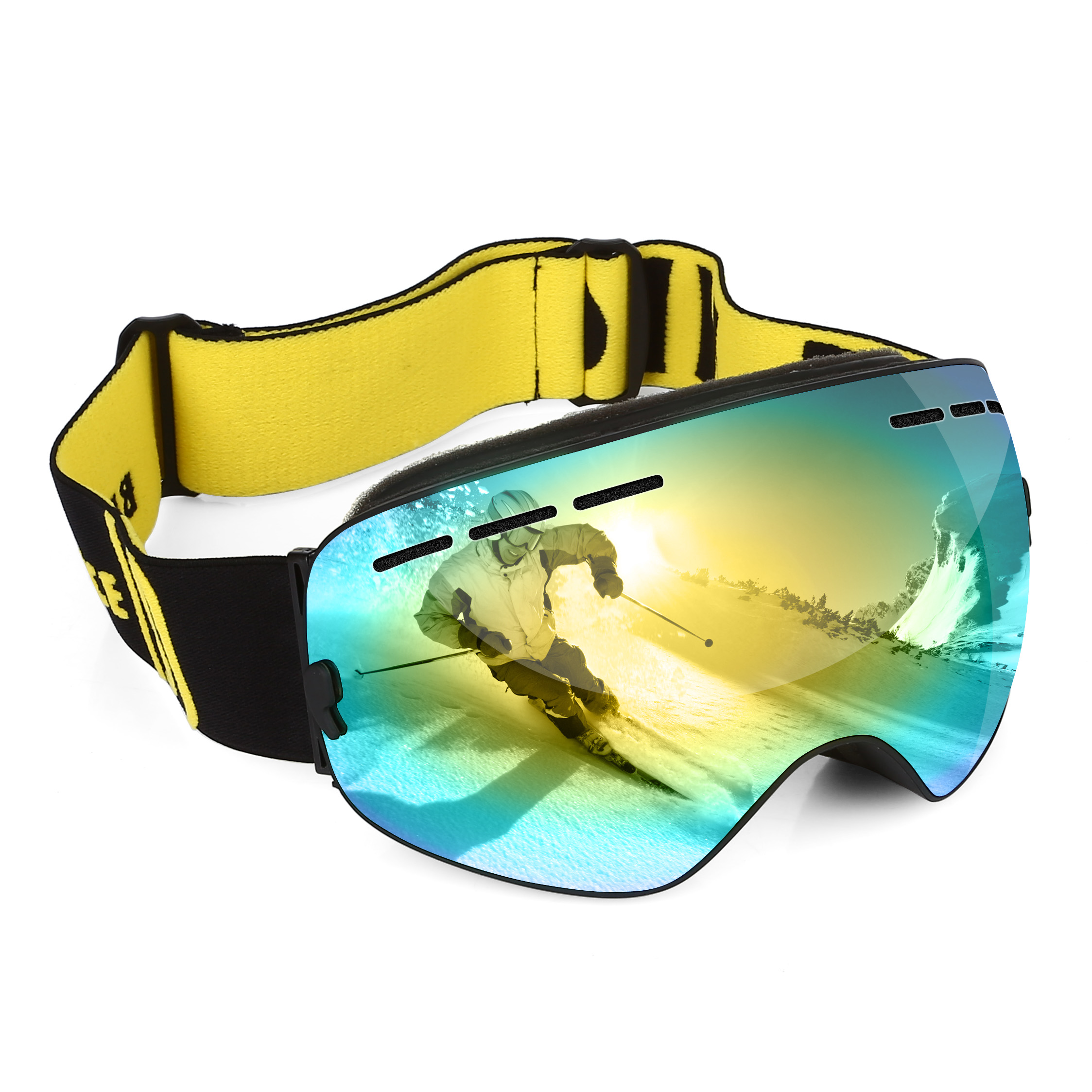 Ski Snow Goggles Smoken Mirror Antifog UV Double Lens Rimless