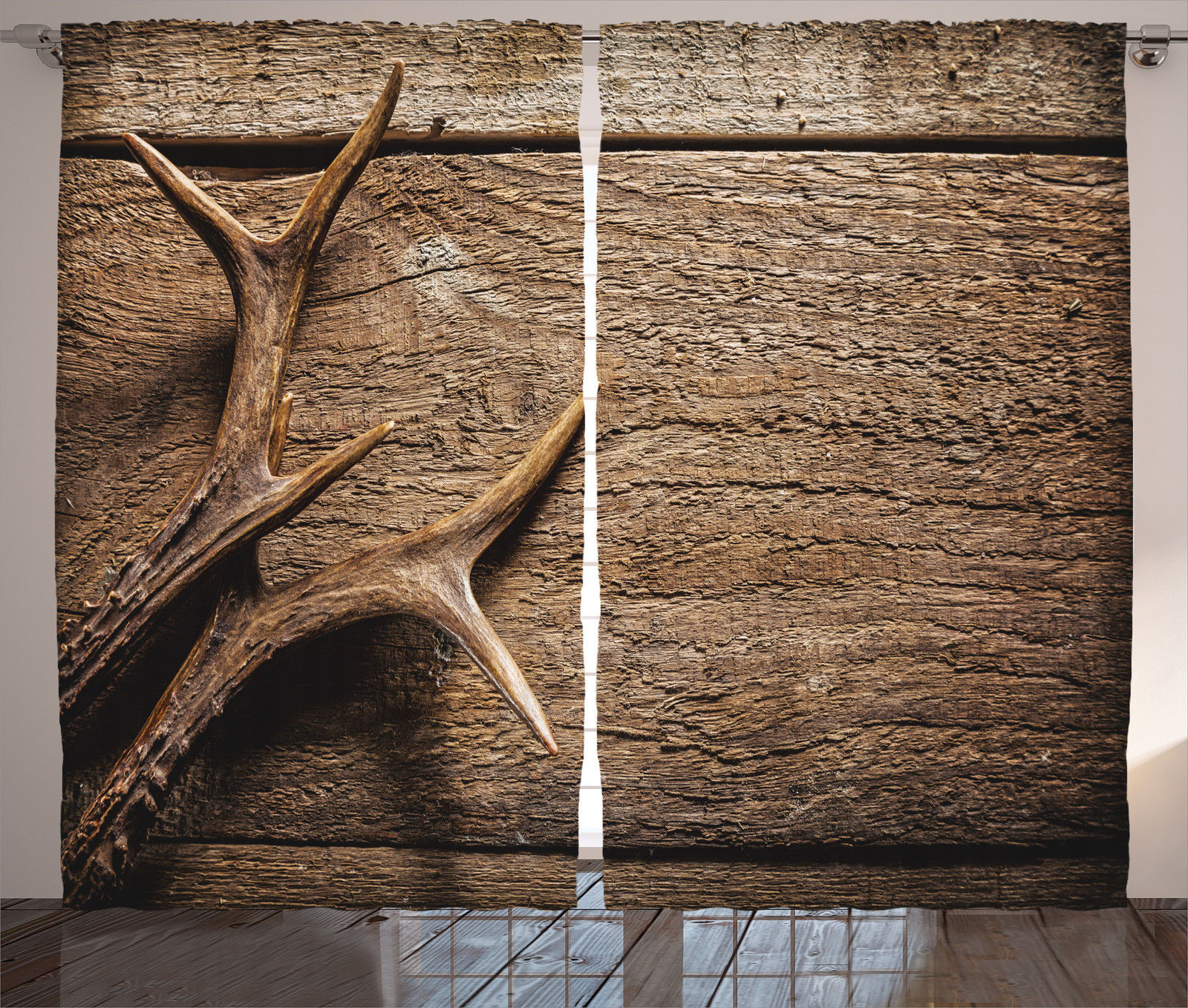 Deer Antlers on Rustic Wooden Table Nature Hunting Themed Curtain 2