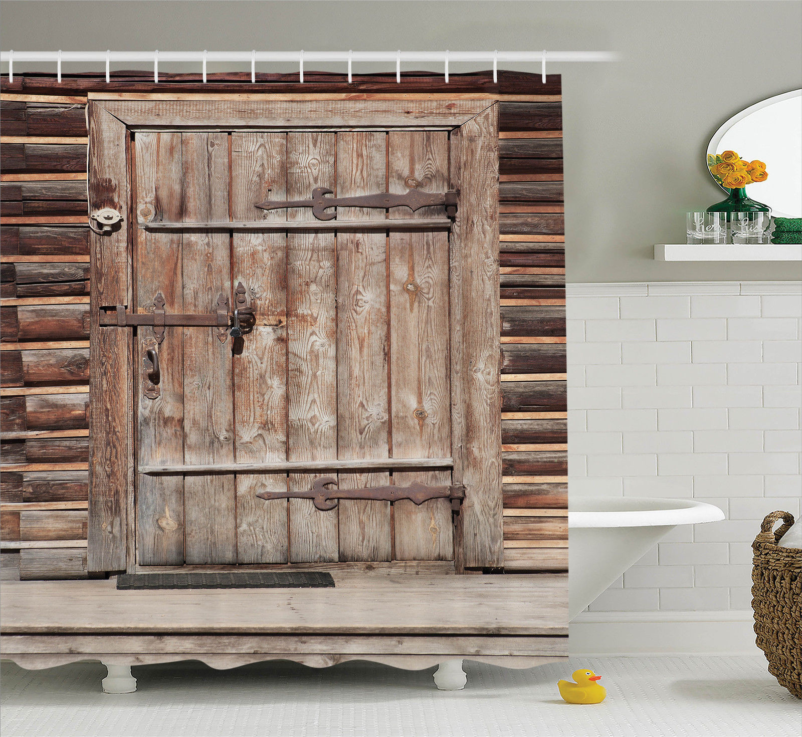 Shower Curtain Door Ancient Timber Gate Rustic Decor Brown 84 Inches