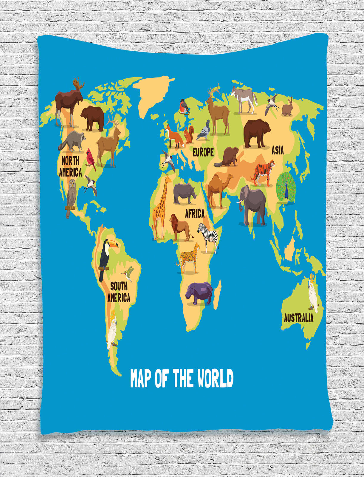 World Map Tapestry Wall Hanging map of world with animal wildlife cartoon continents decor wall World Map Tapestry Wall Hanging map of world with animal wildlife cartoon continents decor wall